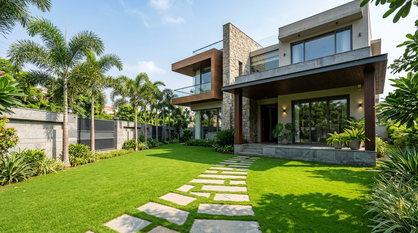 Lush residential villa lawn with natural stone stepping pathway